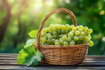 Wicker Basket Full of Green Grapes on Wooden Surface, Natural Outdoor Backdrops