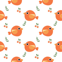 Bird orange cartoon so cute. On cherry white background. Pattern seamless vector illustration. 