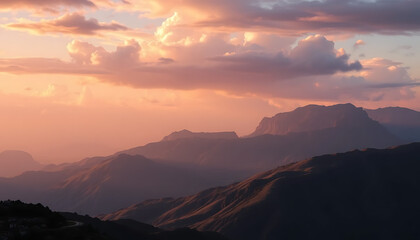 Mountain range silhouettes under a soft, pastel-colored, beautiful sunrise sky.