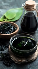 Wakame Seaweed in Bowl, Wooden Bowl & Carafe with Dark Liquid on Rustic Tabletop