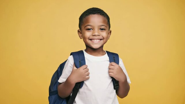 Cute African American child 7 years old with backpack posing on solid yellow background with copy space and smiling. Back to school 