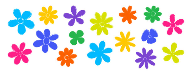 Flower daisy crayon hand drawn, spring simple floral chalk doodle, paint brush cute plant, colorful charcoal petal chamomile, baby pastel nature, bloom set isolated on white bg. Vector illustration