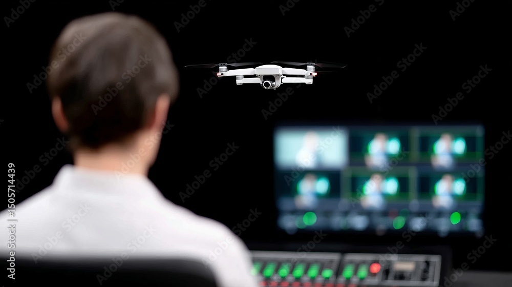 Poster a focused individual operates a drone in a modern studio. the sleek design and technology create a s