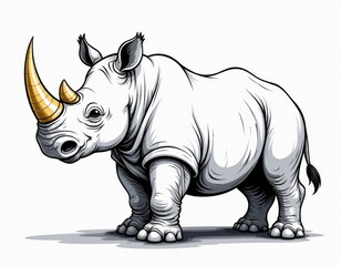 Fototapeta premium Majestic White Rhinoceros with Golden Horn - Hand-Drawn Illustration