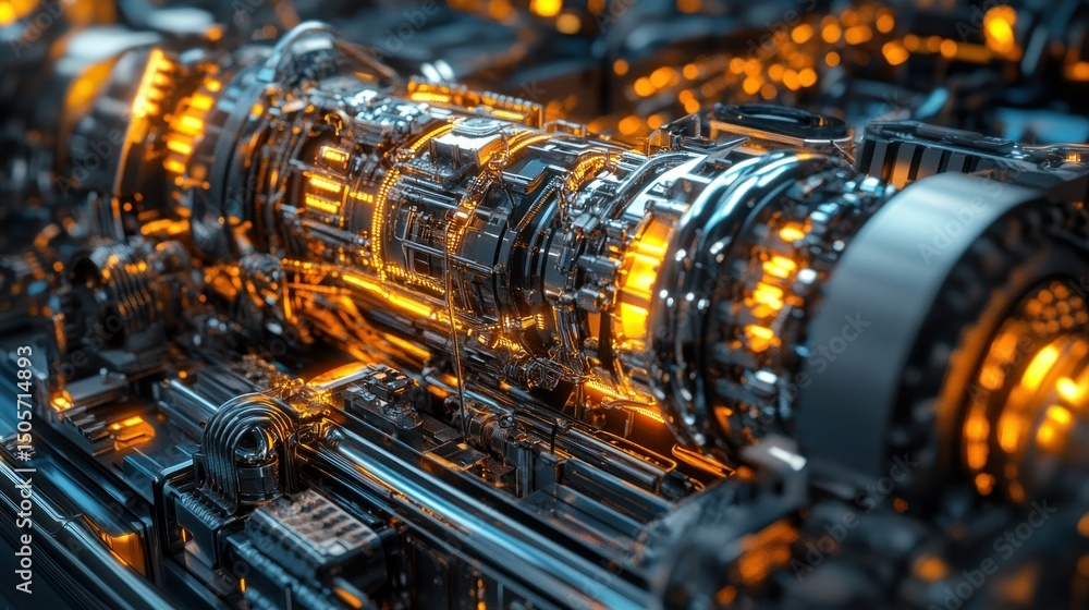 Poster futuristic machines with luminous energy and complex circuits powering large machines, background wa