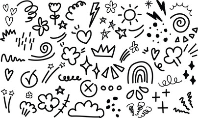Grungy hand-drawn doodle icon set featuring stars, hearts, arrows, symbols, and sketch elements. Perfect for creative design, stickers, branding, and digital art.
