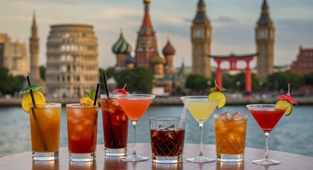 Colorful Cocktails with World Landmark Background