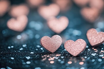 Obraz premium Delicate, rose-gold hearts on a dark, sparkly background