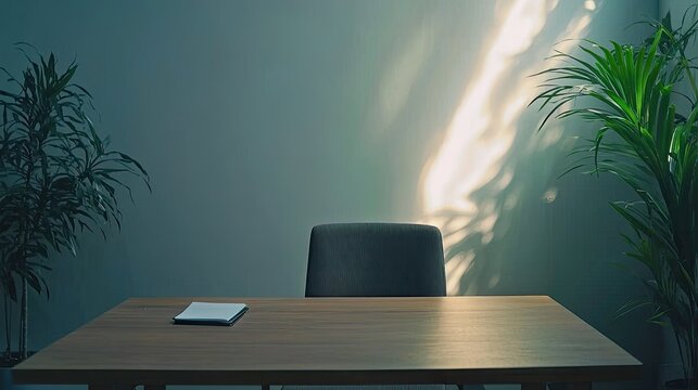 A professional interview room as seen from the perspective of the candidate, with a neutral light grey wall in the background. 