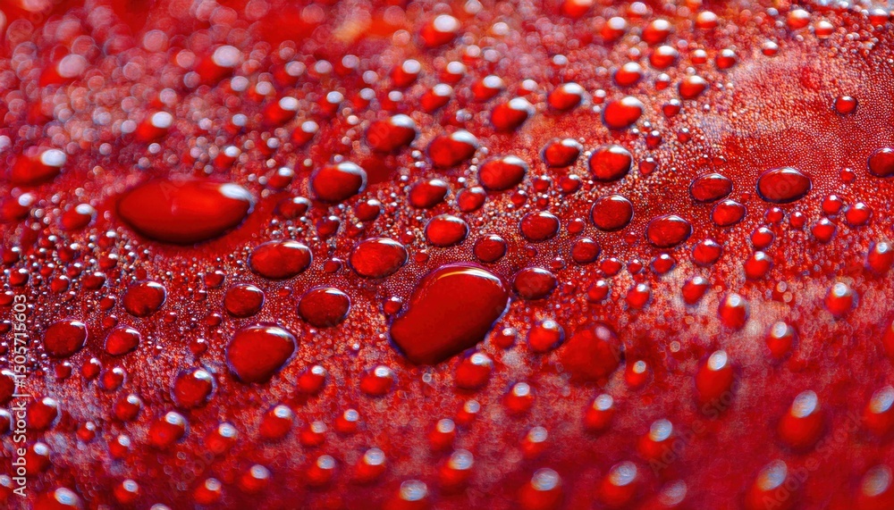 Aufkleber macro of red water droplets on textured surface for abstract background, ideal for print, branding, 
