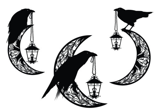 mysterious raven bird holding magic lamp hanging on chain sitting on ornate crescent moon -  black and white vector design for astrology, witchcraft and sorcery concept