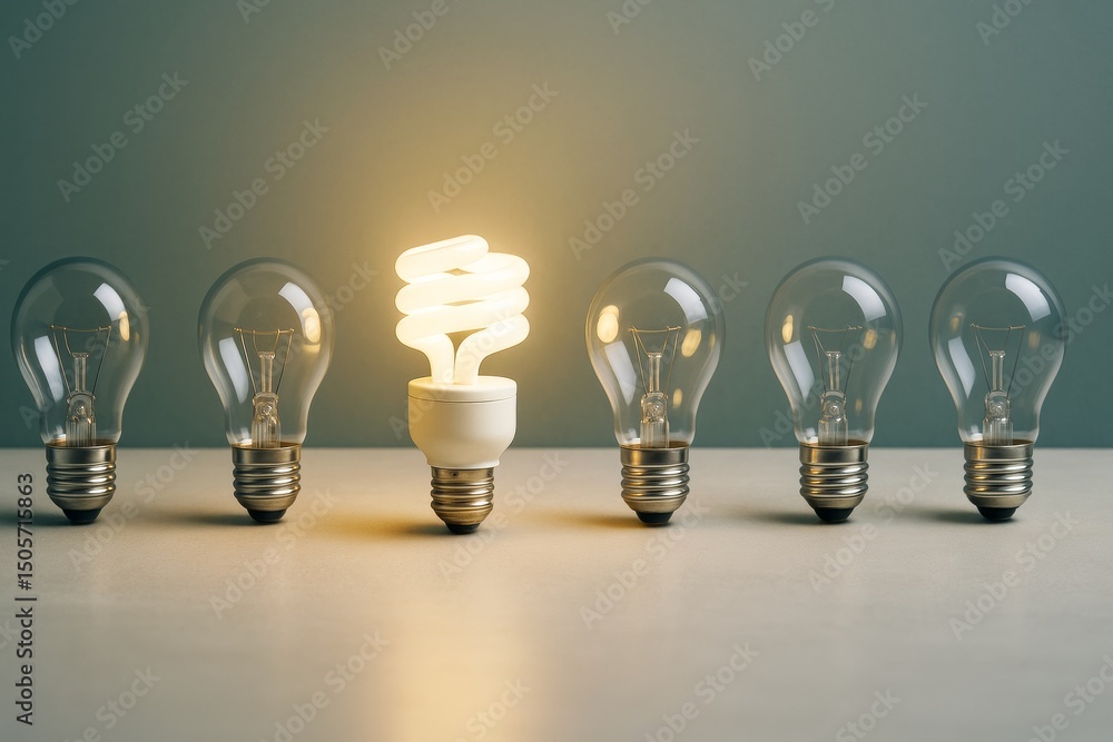 Poster glowing spiral bulb among traditional bulbs on a minimalist surface with soft light and gradient bac