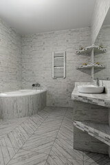 Bright Corner Bathtub and Sink in Minimalist Bathroom