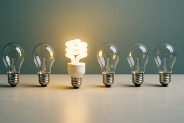 Glowing spiral bulb among traditional bulbs on a minimalist surface with soft light and gradient background highlighting concept of innovation.