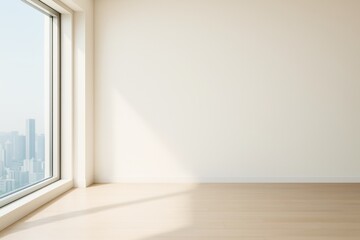 Minimalist empty room interior with large window and cityscape view, sunlight casting shadows on wooden floor, bright neutral background wall.