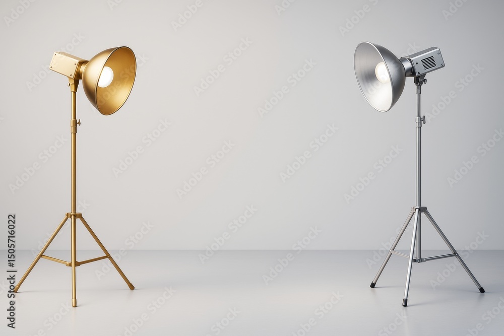 Aufkleber studio lighting concept with gold and silver spotlights on tripods in minimal setting with soft shad