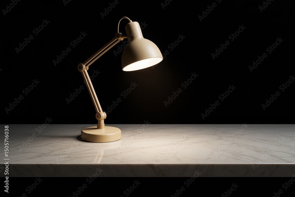 Poster minimalist beige desk lamp casting light on marble surface with dark background, modern lighting con