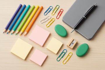 Naklejka premium Colorful stationery items including pencils, sticky notes, erasers, and paper clips on wooden desk background in light graphic abstract composition.