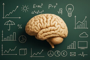 Human brain model with scientific graphs, math formulas, and creative icons on green chalkboard background illustrating knowledge and intelligence.