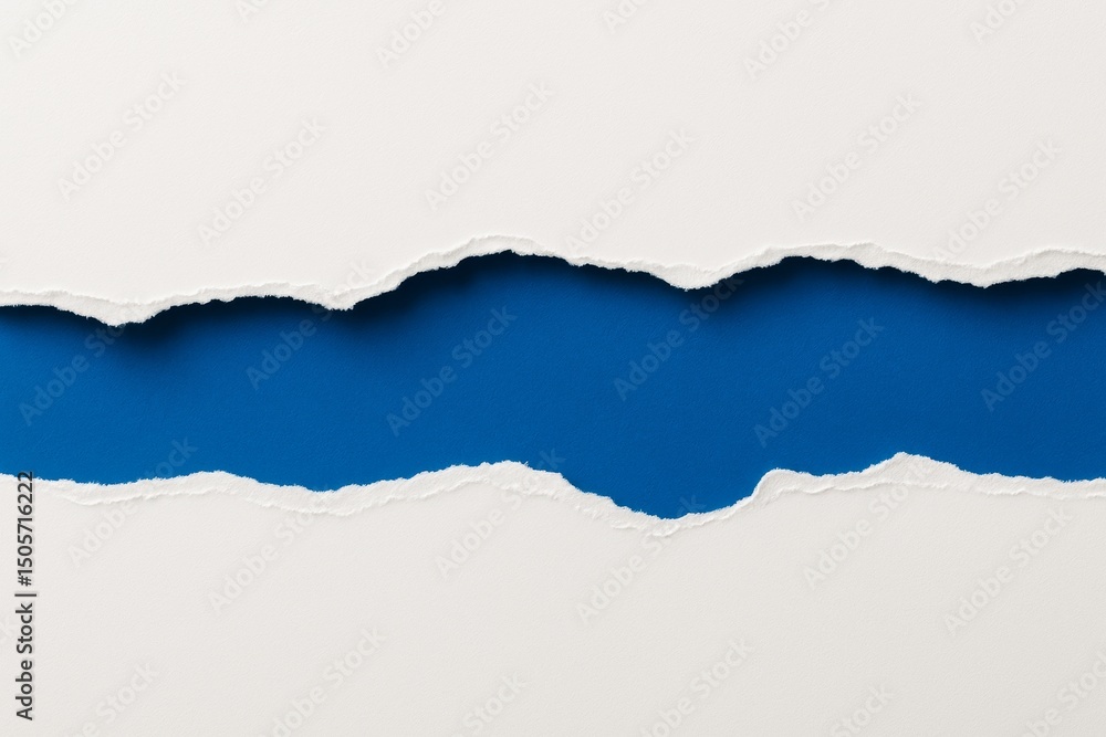 Poster abstract torn paper revealing blue background with rough edges and clean texture on light white surf