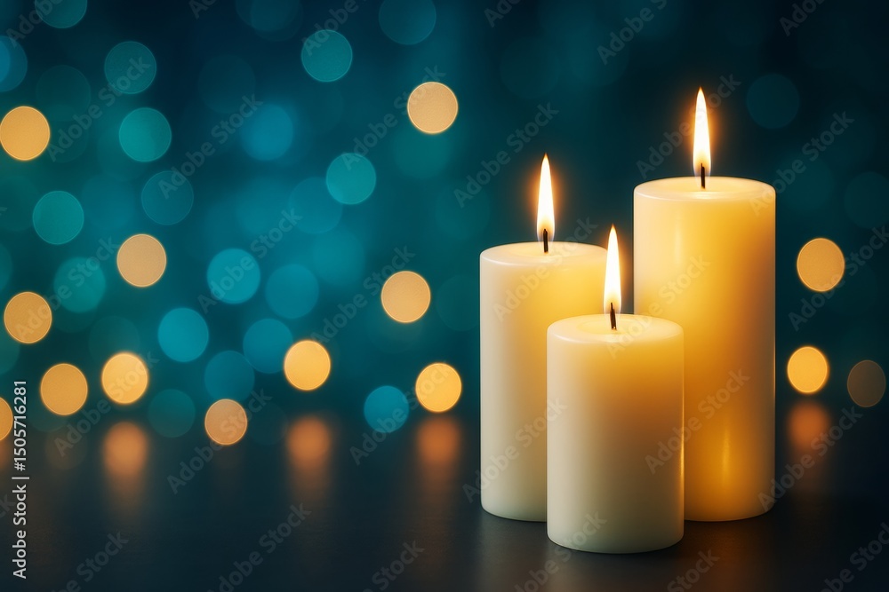 Poster three glowing candles with warm flames on dark surface and bokeh light background in teal and gold t