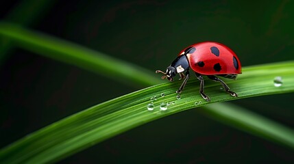 Ladybug traversing a dew kissed blade of grass Telephoto