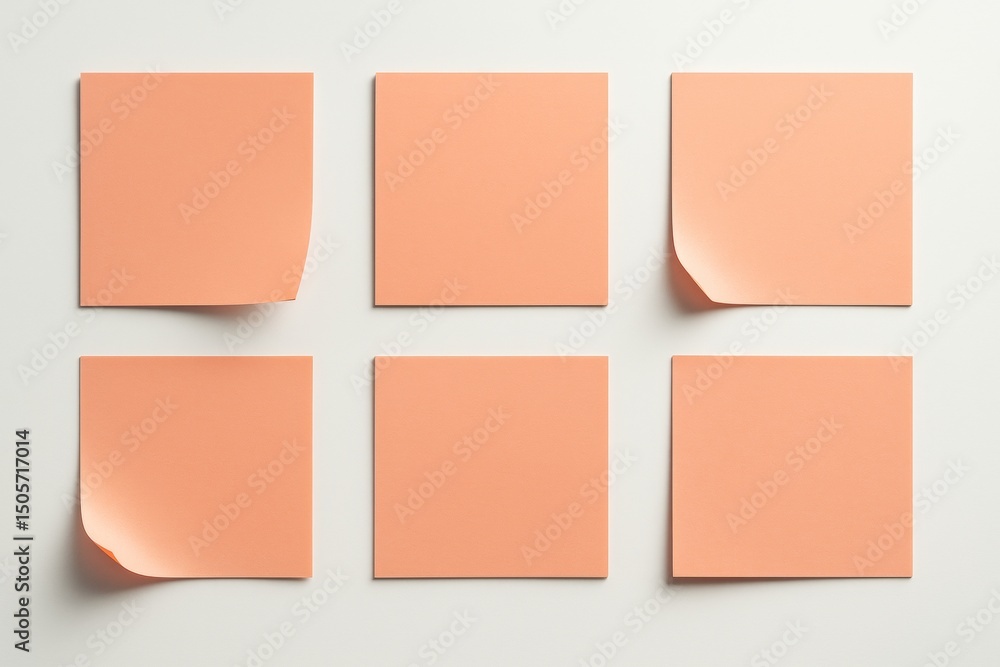 Poster Set of six peach sticky notes with curled corners on white background for design mockup and branding concept in minimal clean layout.