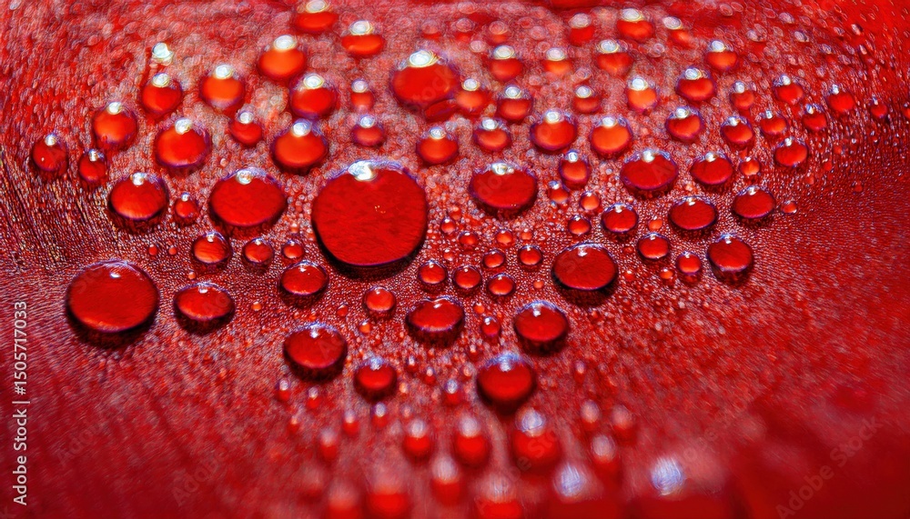 Poster macro of red water droplets on textured surface for abstract background, ideal for print, branding, 