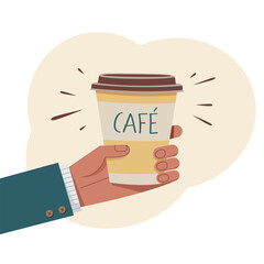 A man holds a cup of coffee in his hand. Vector illustration 
