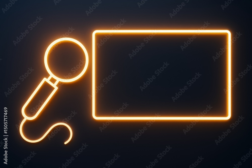 Poster Neon glowing microphone and rectangular frame on dark background representing digital media or podcast concept with copy space for design..