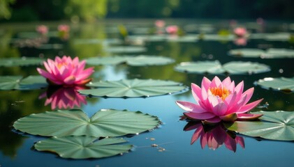 Water lilies creating floral pattern across lake, summer, sunlight, yellow