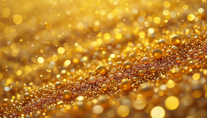  Luxury gold bokeh abstract background: shiny golden particles & glitter texture. Festive celebration, New Year's Eve glamour, rich golden hour aesthetic.