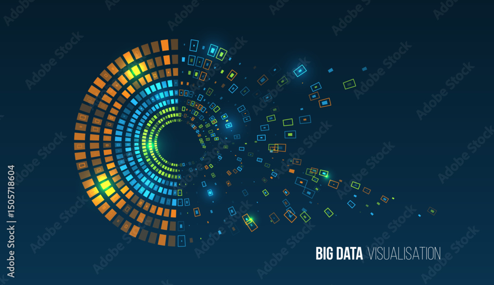 Poster abstract visualization of big data in the form of pie charts with diverging colored pixel blocks and