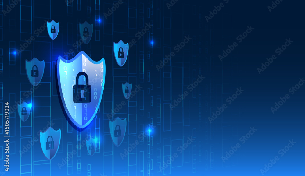 Fototapete shield with the lock symbolizes data protection and cybersecurity. the high-tech background emphasiz