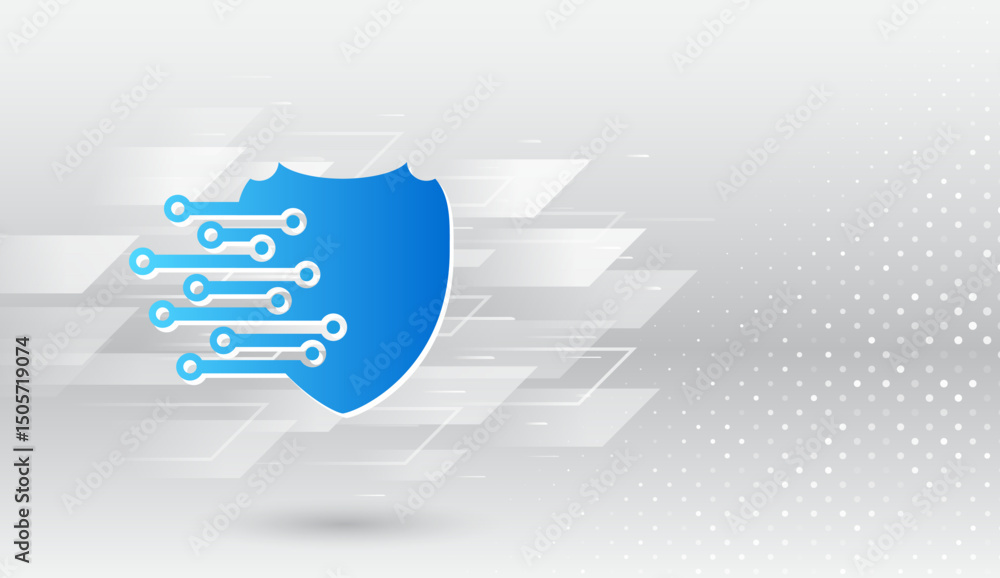 Leinwandbilder modern digital security concept with a blue shield and circuit lines on a light gray geometric backg