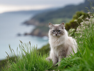 Grey ragdoll cat sitting on green grass in spring landscape with sea in the background, full-body view in natural light with shallow depth of field, realistic outdoor animal portrait