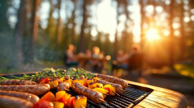 Outdoor barbecue grilling delicious sausages and vegetable skewers at golden hour. Friends enjoying relaxing summer party, ideal for food lifestyle commercials.