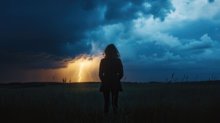 A silhouette of a person watching a thunderstorm from a distance, illuminated by flashes of lightning.