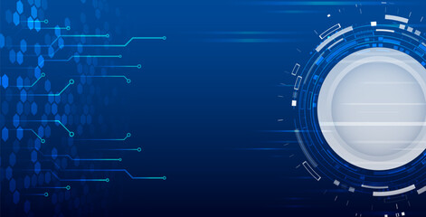 Obraz premium Futuristic digital background with circle, hexagons and circuit lines on blue background. Perfect for tech presentations, innovation and digital technology themes.