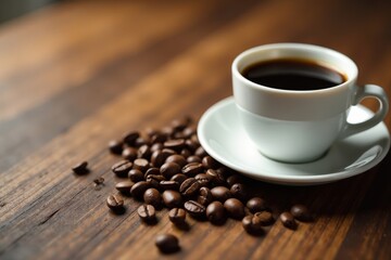 Close-up shot of a wooden table with a coffee cup and a scattering of whole coffee beans around it, table, grain