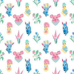 Seamless pattern of cute cartoon farm animals including pig, donkey, sheep, and goat in pastel colors with floral and decorative elements

