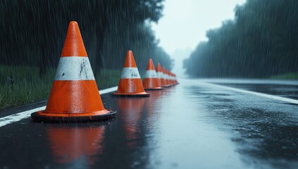 Wet road cones in rain