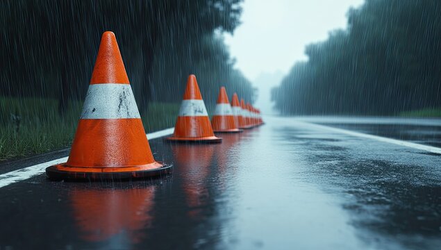 Wet road cones in rain