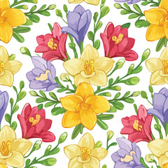 Obraz premium Freesia Vector Illustration with Seamless Pattern Design