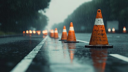 Rain-slicked road, orange traffic cones (1)