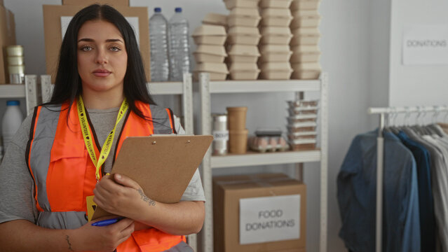 Woman volunteer holding clipboard in charity donation center surrounded by food packages and wearing reflective vest indoors, assisting in organizing resources effectively.