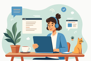 Fototapeta na wymiar The girl works at home with a laptop, headphones and a cat in a cozy workspace