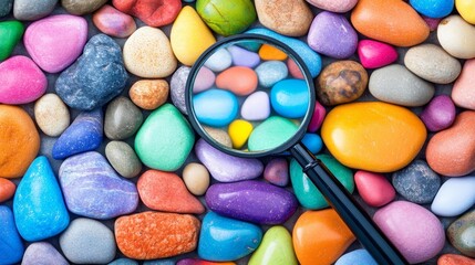 Colorful Pebbles Collection Magnified - Vibrant stones, diverse textures, close-up view, magnifying glass detail, nature's artistry. Symbolizing: variety, detail, exploration, beauty, nature
