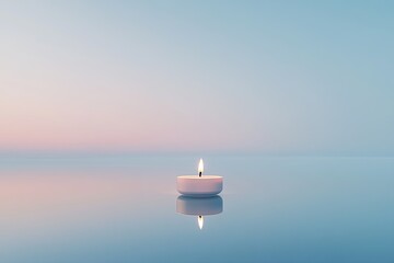 Single candle reflecting on still water, soft pastel colors