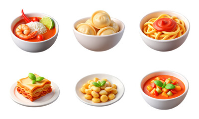Tom Yum, Dumplings, Spaghetti, Lasagna, Gnocchi, Gazpacho, set of 3D Food Icons &ndash; Glossy Minimal Emoji Style, Isolated PNG objects